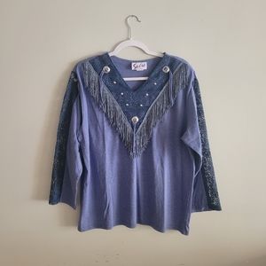 Vintage Blue Fringe Lace Long Sleeve Top